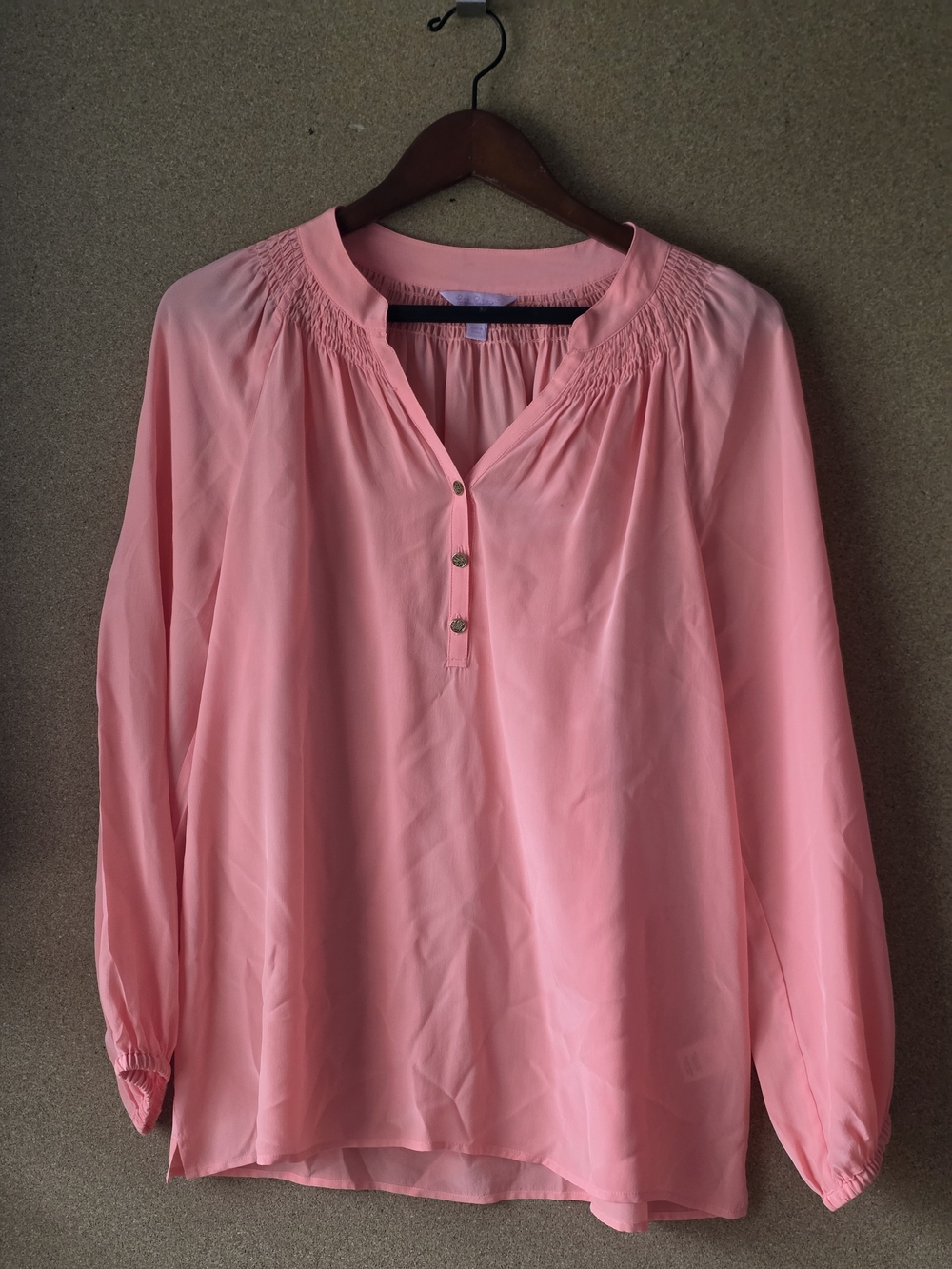 100% Silk Lilly Pulitzer Pink Peach Blouse Women’s M Button Front Peasant Top